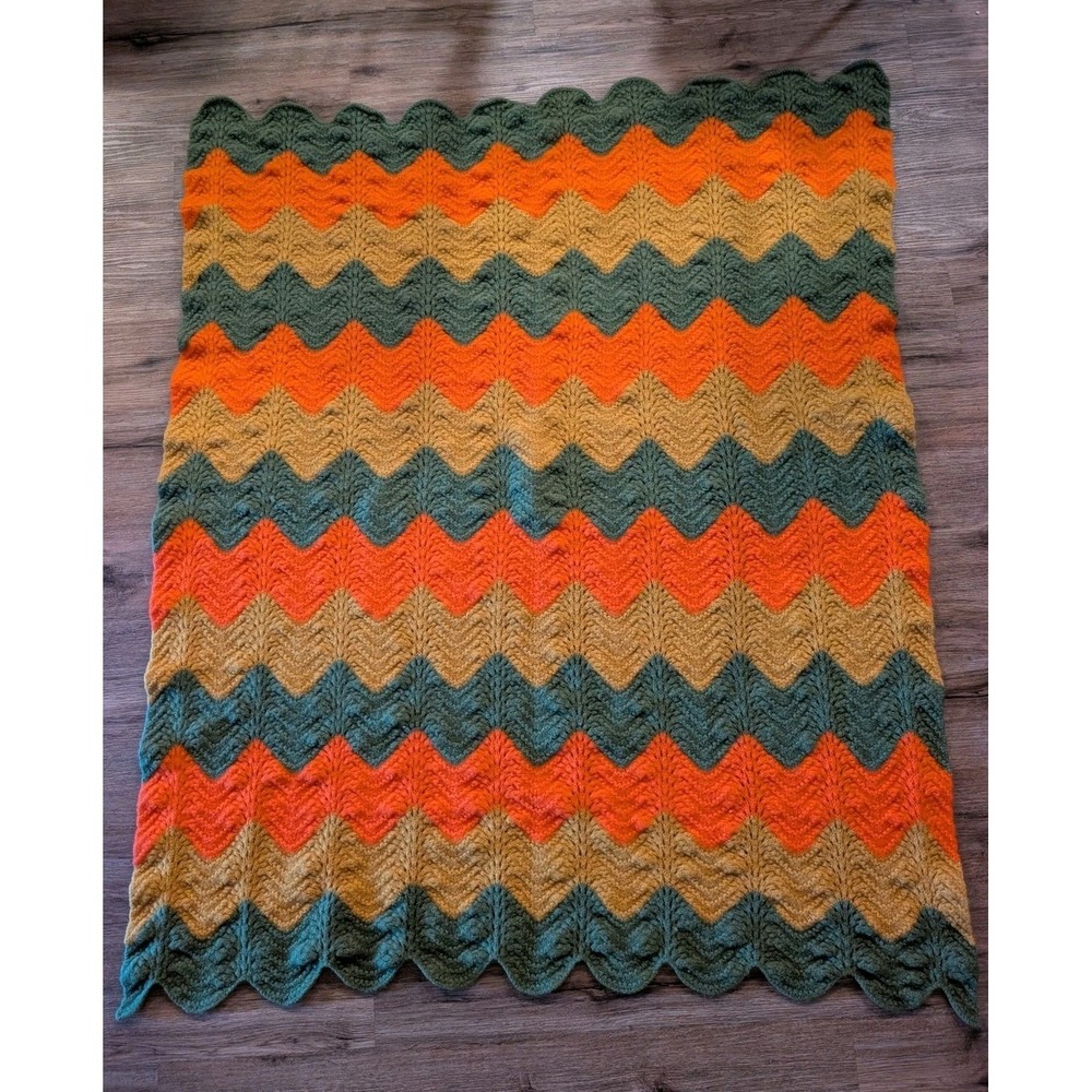 VTG Handmade Crochet Chevron Afghan Throw Orange Green Gold 70s Grandmacore MCM
